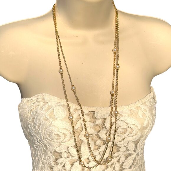 Napier Gold-Tone Double-Strand Chain  Necklace With Faux Pearl Accents- Vintage - Picture 4 of 7